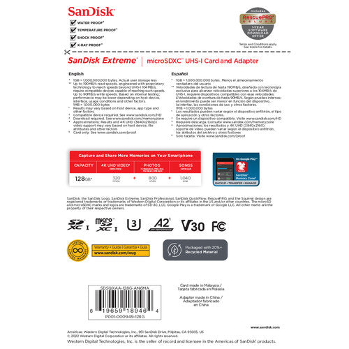 SanDisk Extreme UHS-I microSDXC Memory Card with SD Adapter 128GB